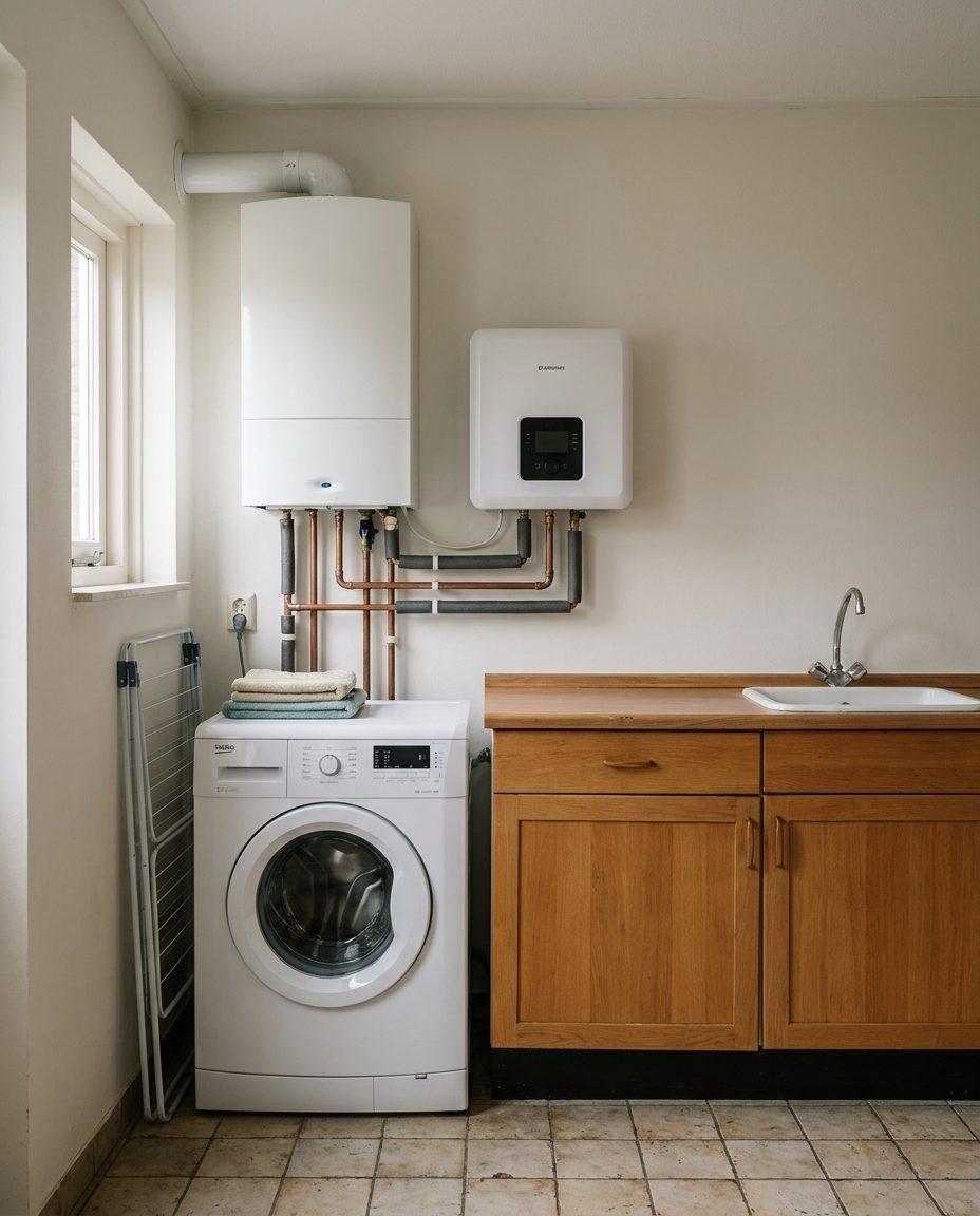 Bijkeuken met cv-ketel en de binnenunit van een hybride warmtepomp