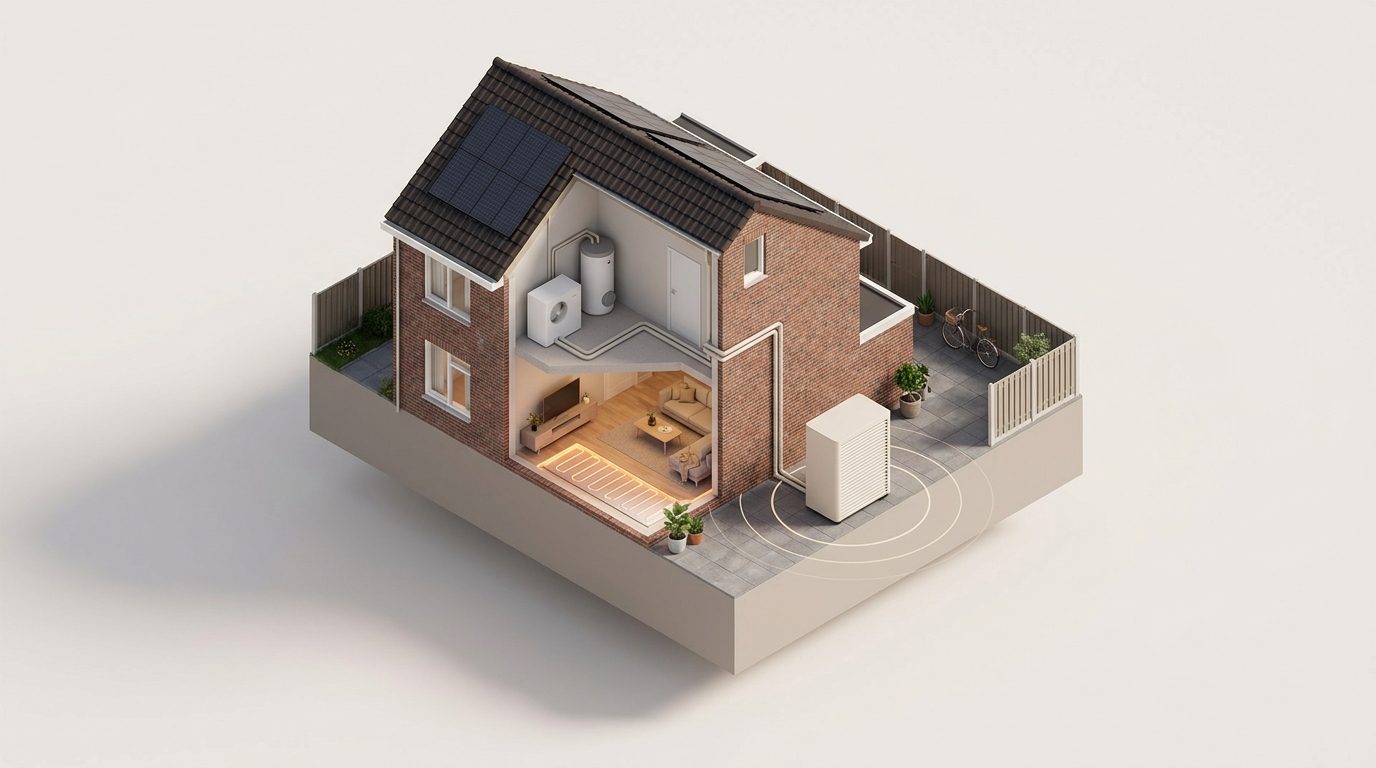 Isometrische doorsnede van een tussenwoning met warmtepomp in de achtertuin